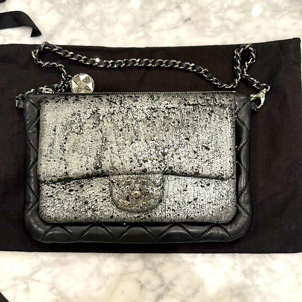 Auth Chanel 2012/13 Black/Silver Metallic Mineral Nights Pochette Bag with Chain